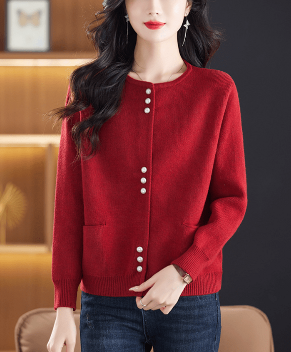 骨格ウェーブパールボタンラウンドネックニットカーディガン（トップス