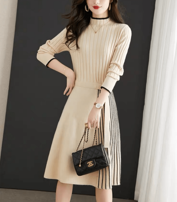 骨格ウェーブサイドプリーツひざ丈ニットワンピース（ワンピース