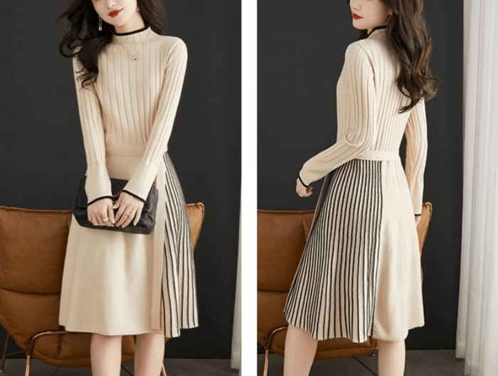 骨格ウェーブサイドプリーツひざ丈ニットワンピース（ワンピース