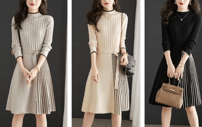 骨格ウェーブサイドプリーツひざ丈ニットワンピース（ワンピース