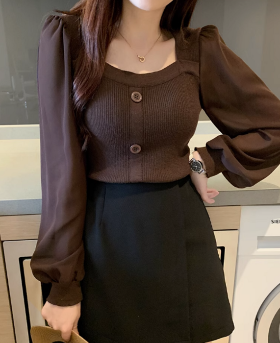 骨格ストレートスクエアネックセットインスリーブパフニット