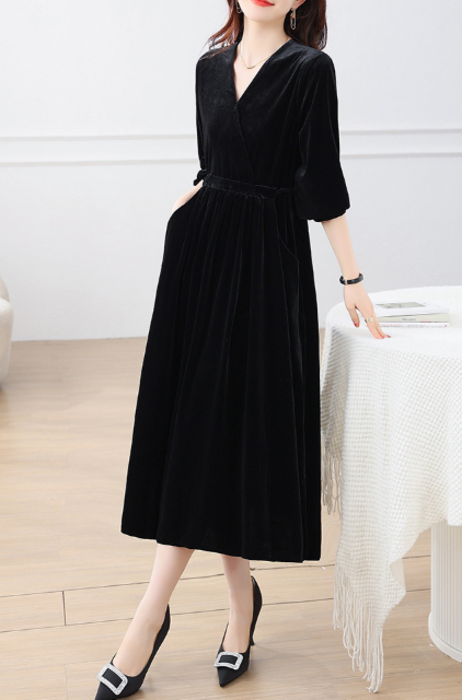 アルペロベロロングワンピース 骨格ストレートカシュクールロング丈ベロアワンピース ロング