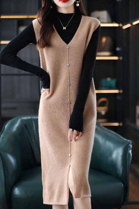 骨格ナチュラルVネックニットベストワンピース ロングワンピース