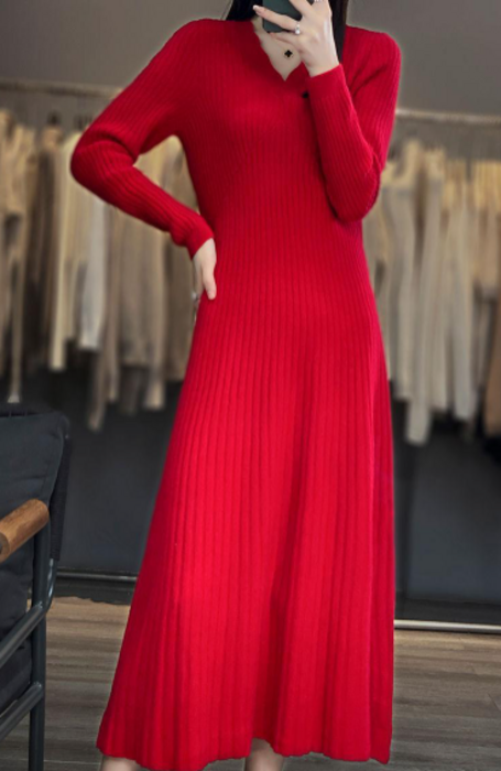 骨格ストレートVネックニットロングワンピース ロングワンピース|骨格