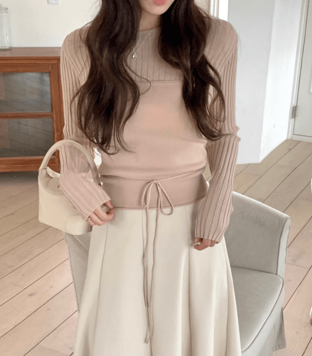 骨格ウェーブビスチェ付き長袖ニットセーター（トップス）｜骨格