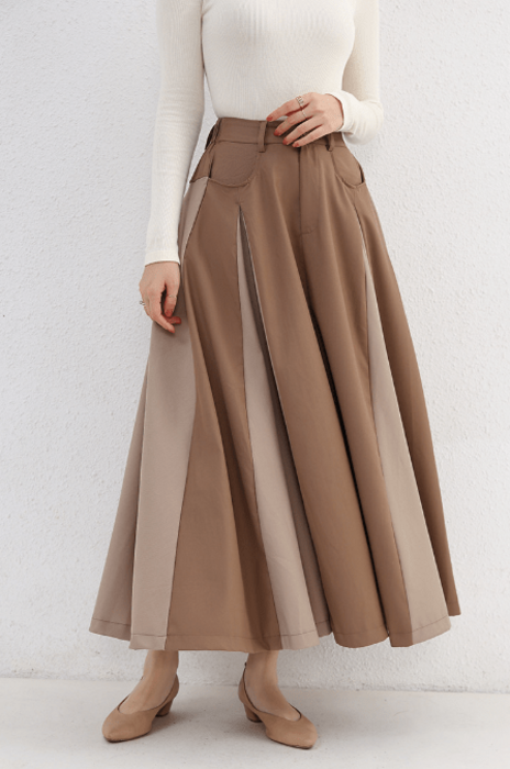 骨格ナチュラルツートンパネルロングフレアスカート ロング