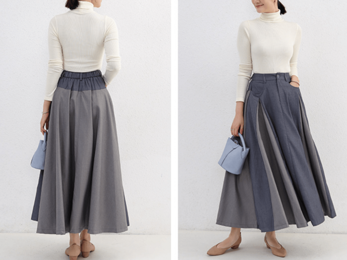 骨格ナチュラルツートンパネルロングフレアスカート ロングスカート