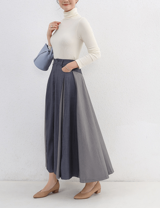 骨格ナチュラルツートンパネルロングフレアスカート ロング