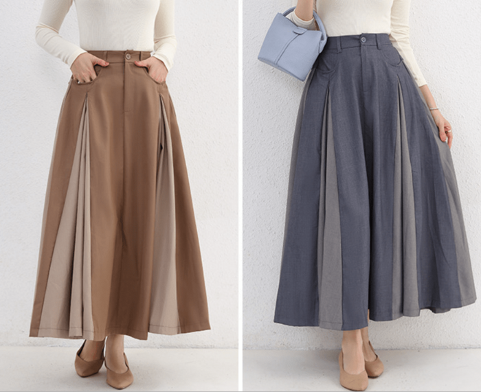 骨格ナチュラルツートンパネルロングフレアスカート ロングスカート