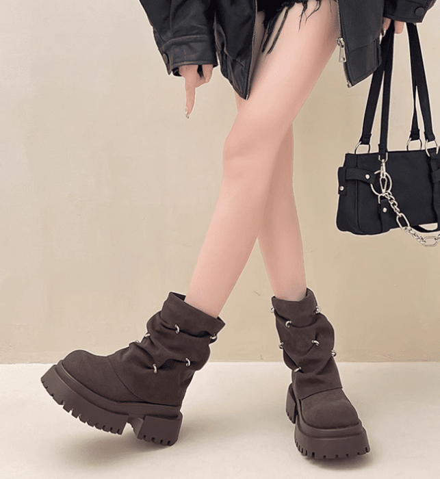 ホワイトプラットフォームブーツ 骨格ナチュラル厚底プラットフォームブーツ ブーツ|骨格