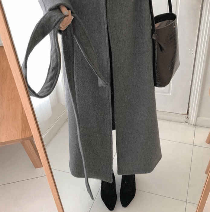 骨格ストレートウエストベルト付きシンプルロングコート アウター|骨格