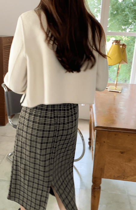 骨格ウェーブチェック柄ハイウエストウール混スカート タイトスカート