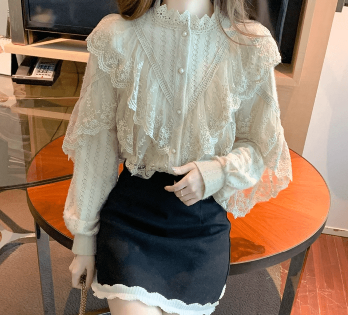 骨格ウェーブプチネックフラワーレースニット長袖トップス（トップス