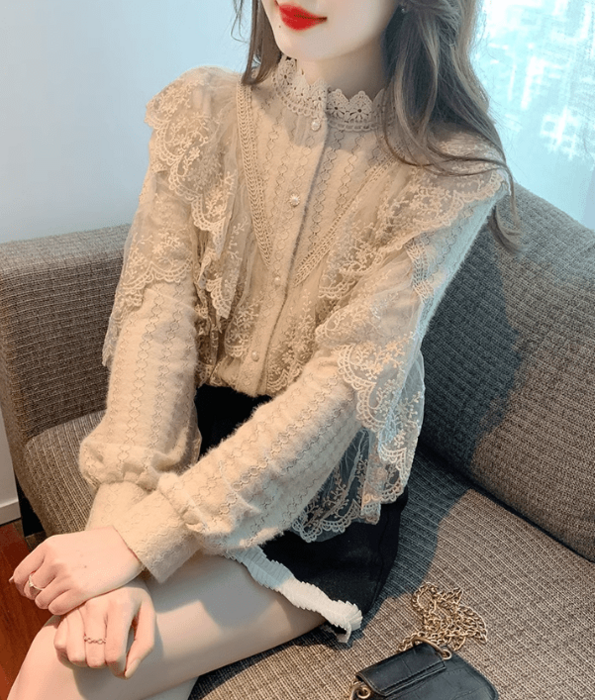 骨格ウェーブプチネックフラワーレースニット長袖トップス（トップス