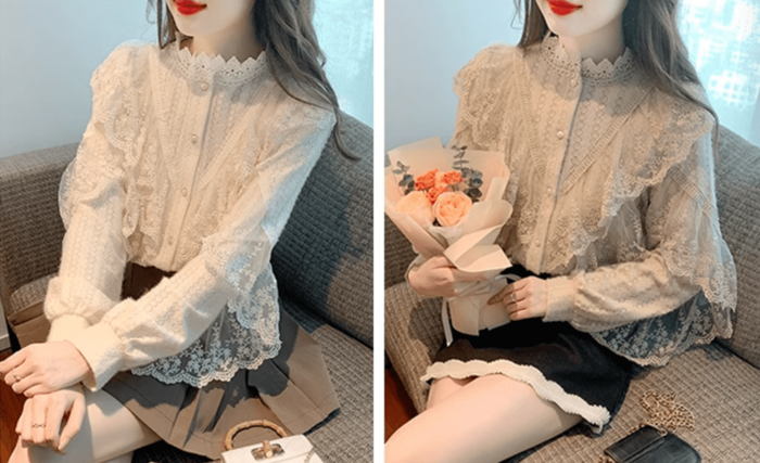 骨格ウェーブプチネックフラワーレースニット長袖トップス（トップス