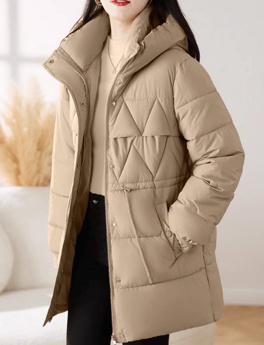 骨格ウェーブドローストリング付きダイヤキルティングダウンコート