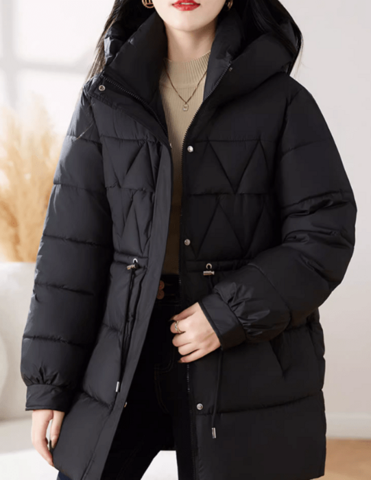 骨格ウェーブドローストリング付きダイヤキルティングダウンコート