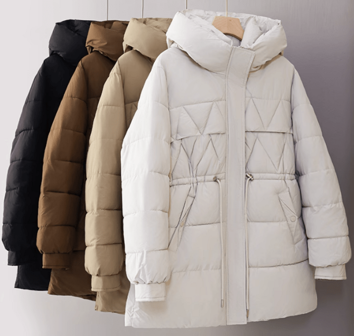 骨格ウェーブドローストリング付きダイヤキルティングダウンコート