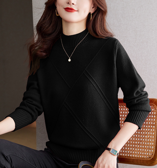 骨格ウェーブ幾何学切り替えプチネックニットトップス（トップス