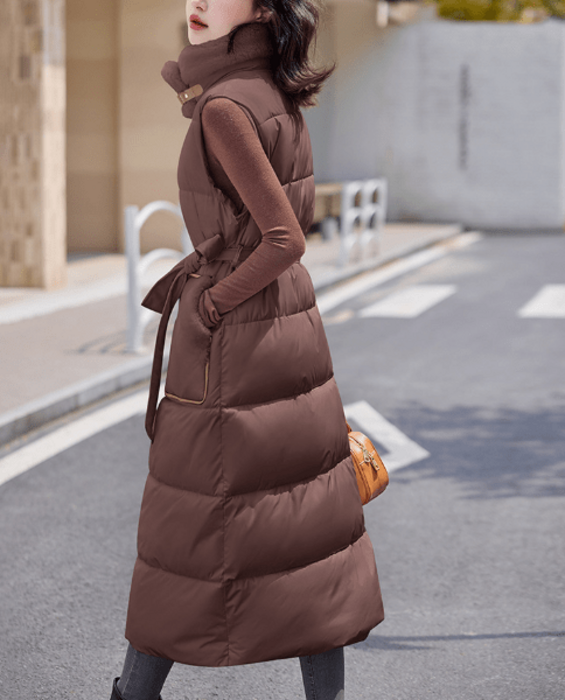 骨格ウェーブボアスタンドカラートリミングダウンロングベスト