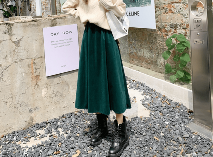 骨格ウェーブコーデュロイハイウエストフレアロングロングスカート