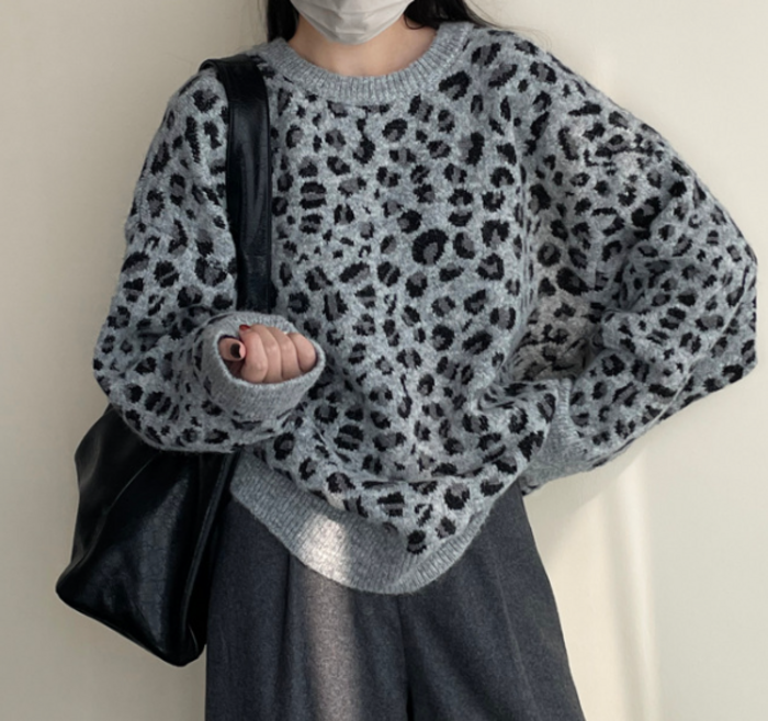 骨格ナチュラルヒョウ柄オーバーサイズニットトップス ニット