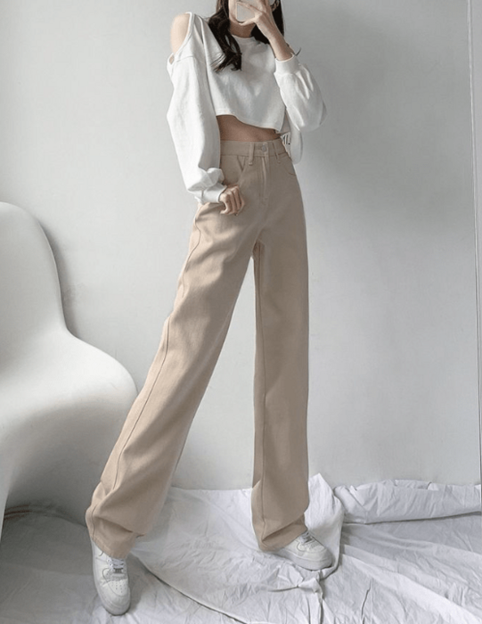 骨格ウェーブ服ハイウエストストレートデニムパンツ（パンツ