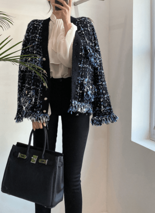 骨格ウェーブミックスカラーツイード調ニットカーディガン（トップス