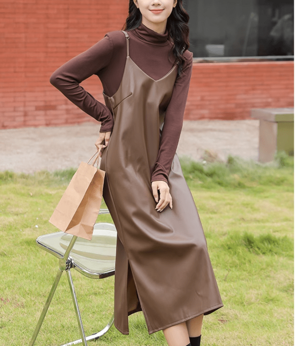 骨格ストレートレザースリット入りキャミワンピース ワンピース|骨格