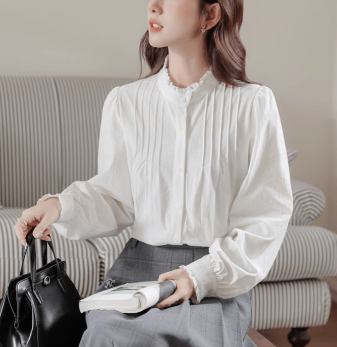 骨格ストレートフリルネックホワイトシャツトップス トップス