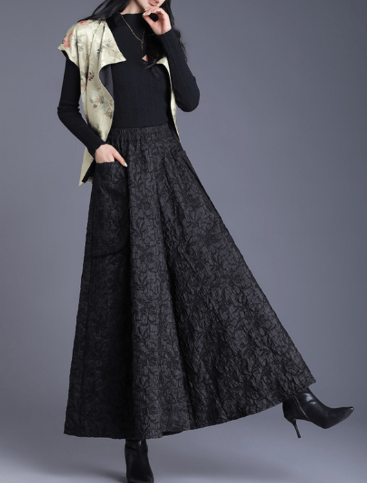 花柄フレアロングスカート 黒 Lace Ladies ボタニカル柄 ロングスカート ブラック ベージュ 花