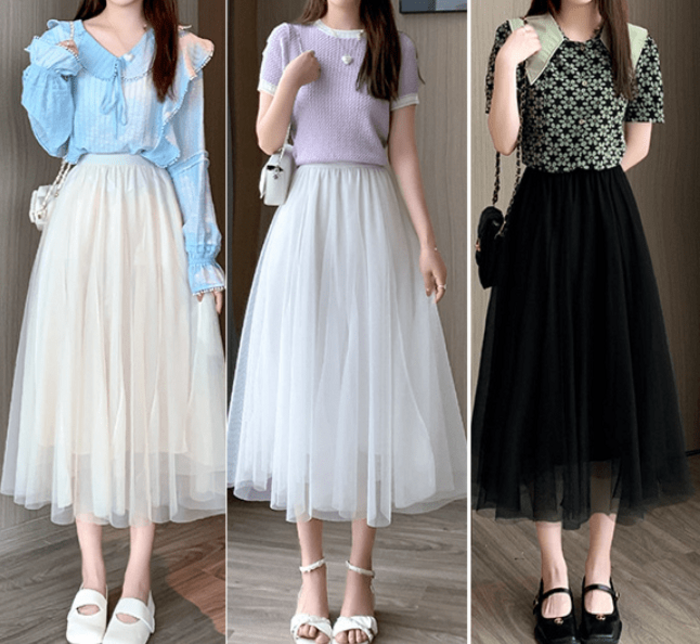 骨格ウェーブカラーチュールウエストゴムフレアスカート（スカート