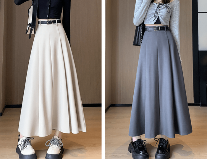 骨格ウェーブベルト付きプリーツロングフレアスカート フレアスカート