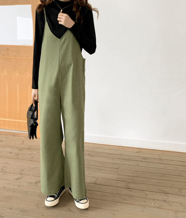 骨格ストレートカジュアルサスペンダーワイドサロペット パンツ