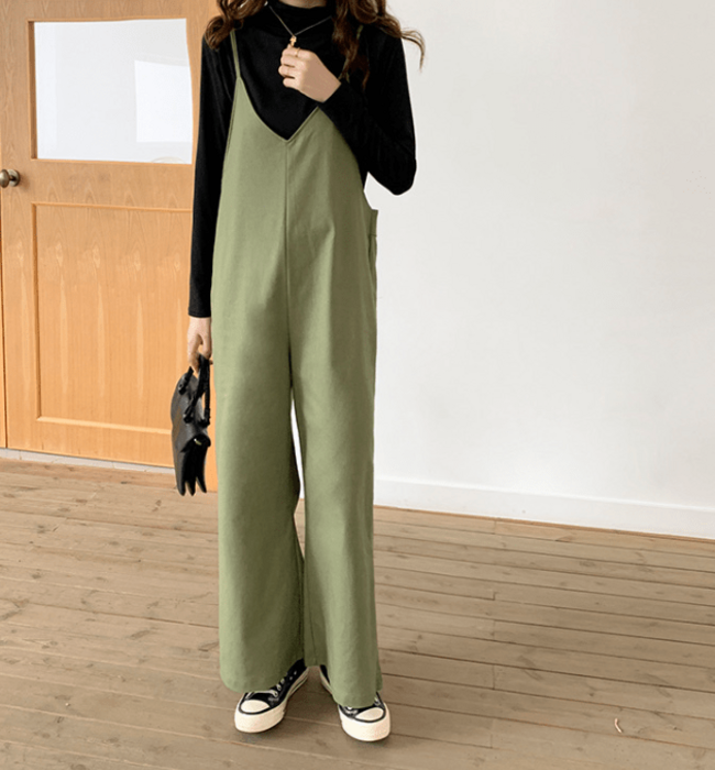 骨格ストレートカジュアルサスペンダーワイドサロペット パンツ