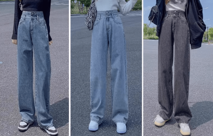 骨格ウェーブルーズワイドレッグストレートデニムパンツ（パンツ